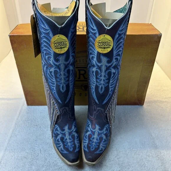 Corral Boots Cowgirl Overlay Embroidered Long Metal Fringe Blue Women SZ 7 - Picture 4 of 13